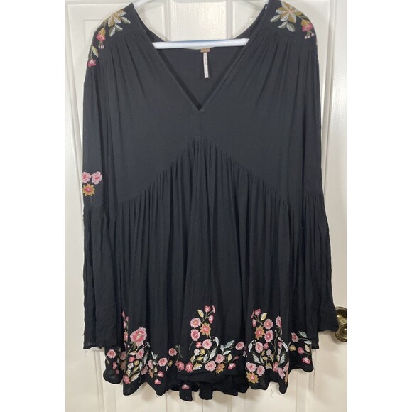 Free People XS Te Amo Mini Boho Dress Black Fairy Whimsy Embroidered Floral - Picture 2 of 11